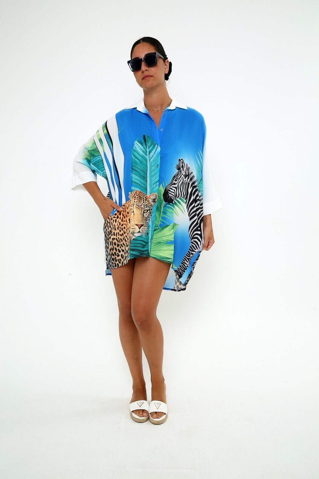Women's Tropical Safari Animal Print Shirt Dress Blue Leopard and Zebra Graphic