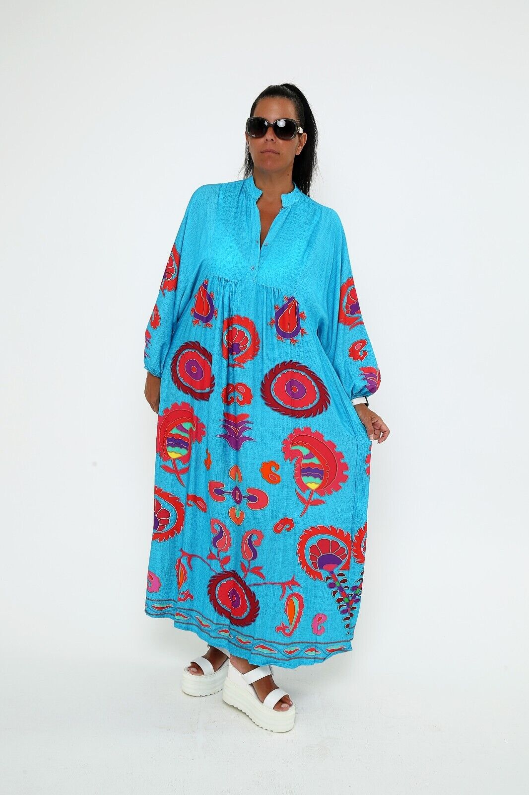 Women's Turquoise Boho Maxi Dress, Bold Paisley Print, Long Sleeve Viscose