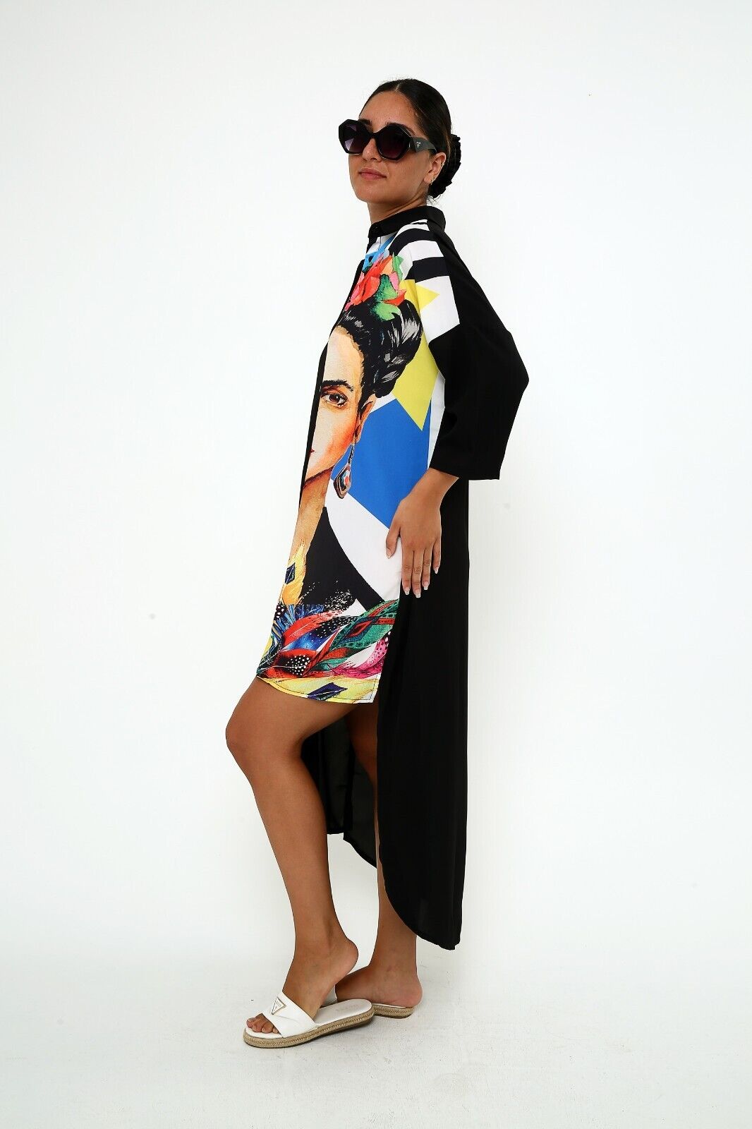 Women's Frida Kahlo Graphic Shirt Dress - Colorful Oversized Viscose Kaftan
