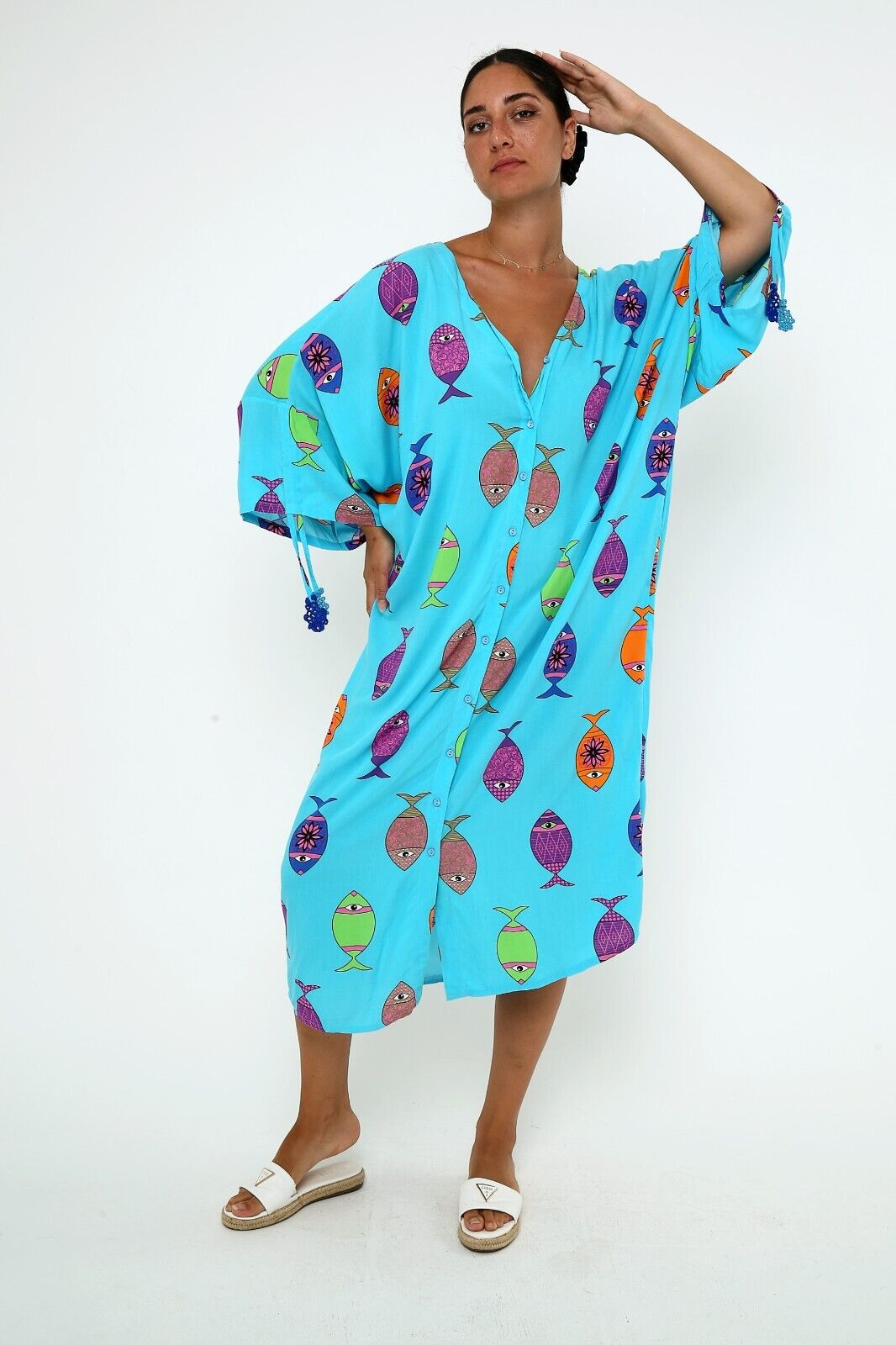 Women's Bright Blue Fish Print Maxi Dress - Button-Down Viscose Kaftan