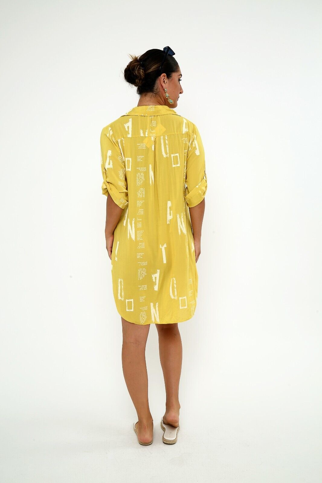 Women's Bright Yellow Button-Down Shirt Dress ,Viscose Tunic, Graphic Print