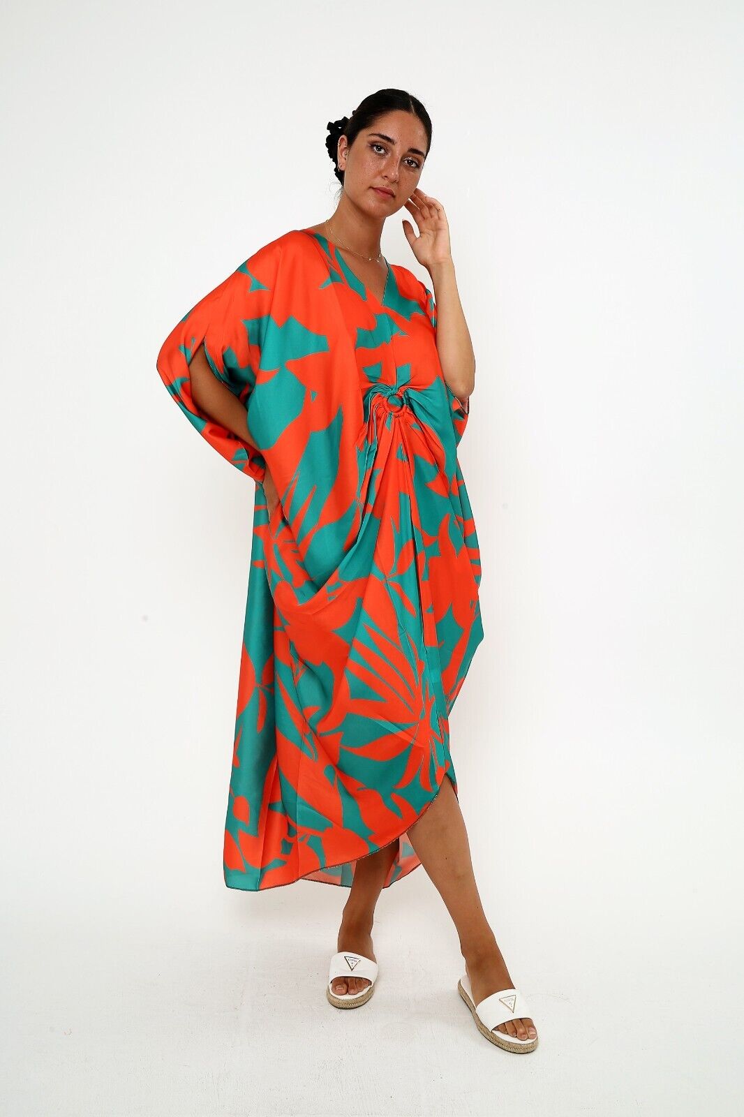 Women's Tropical Coral and Teal Silk Kaftan 3/4 sleeve dresses