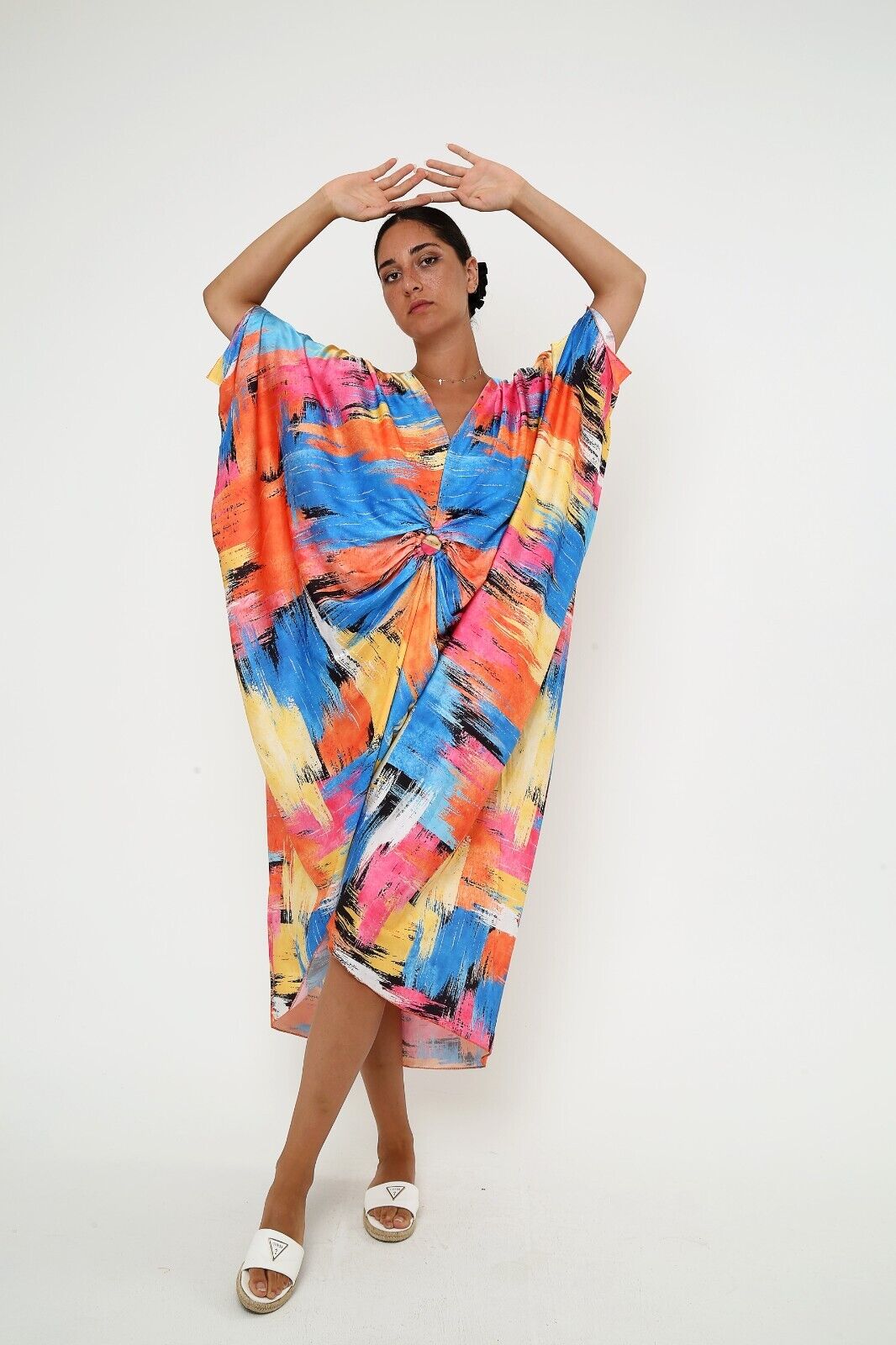 Women's Sunset Splash Multicolor Silk Kaftan , 3/4 sleeve dress
