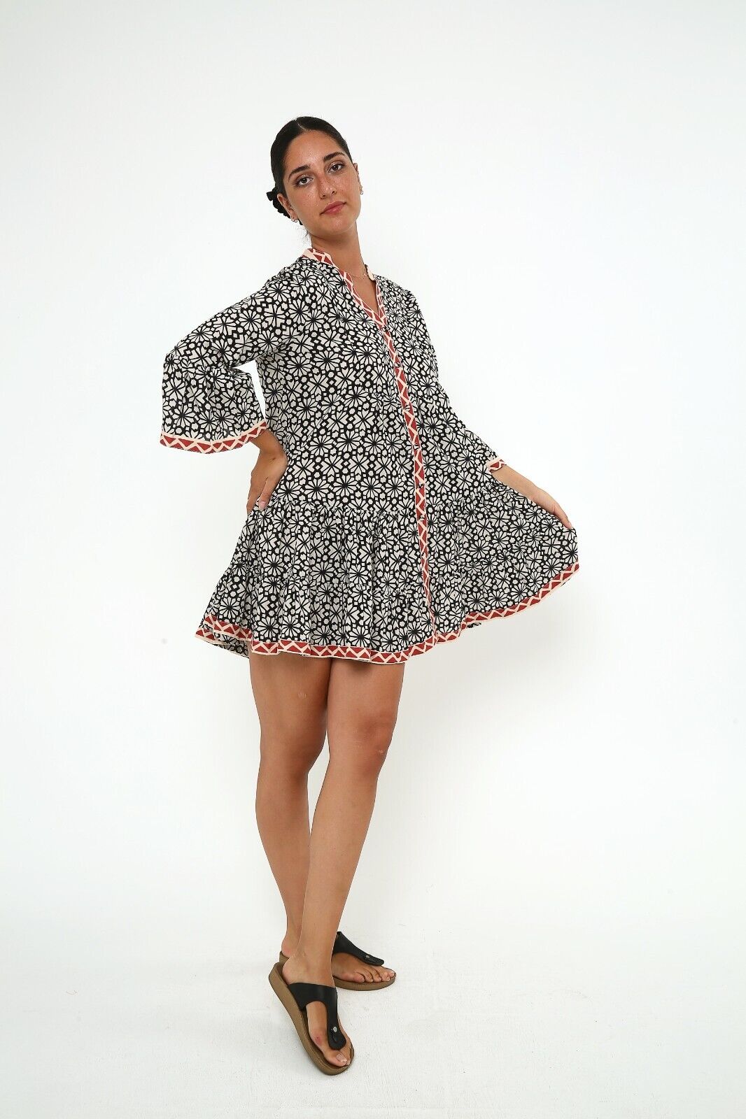 Women's Geometric Print Ruffle Hem Viscose A Line Dress