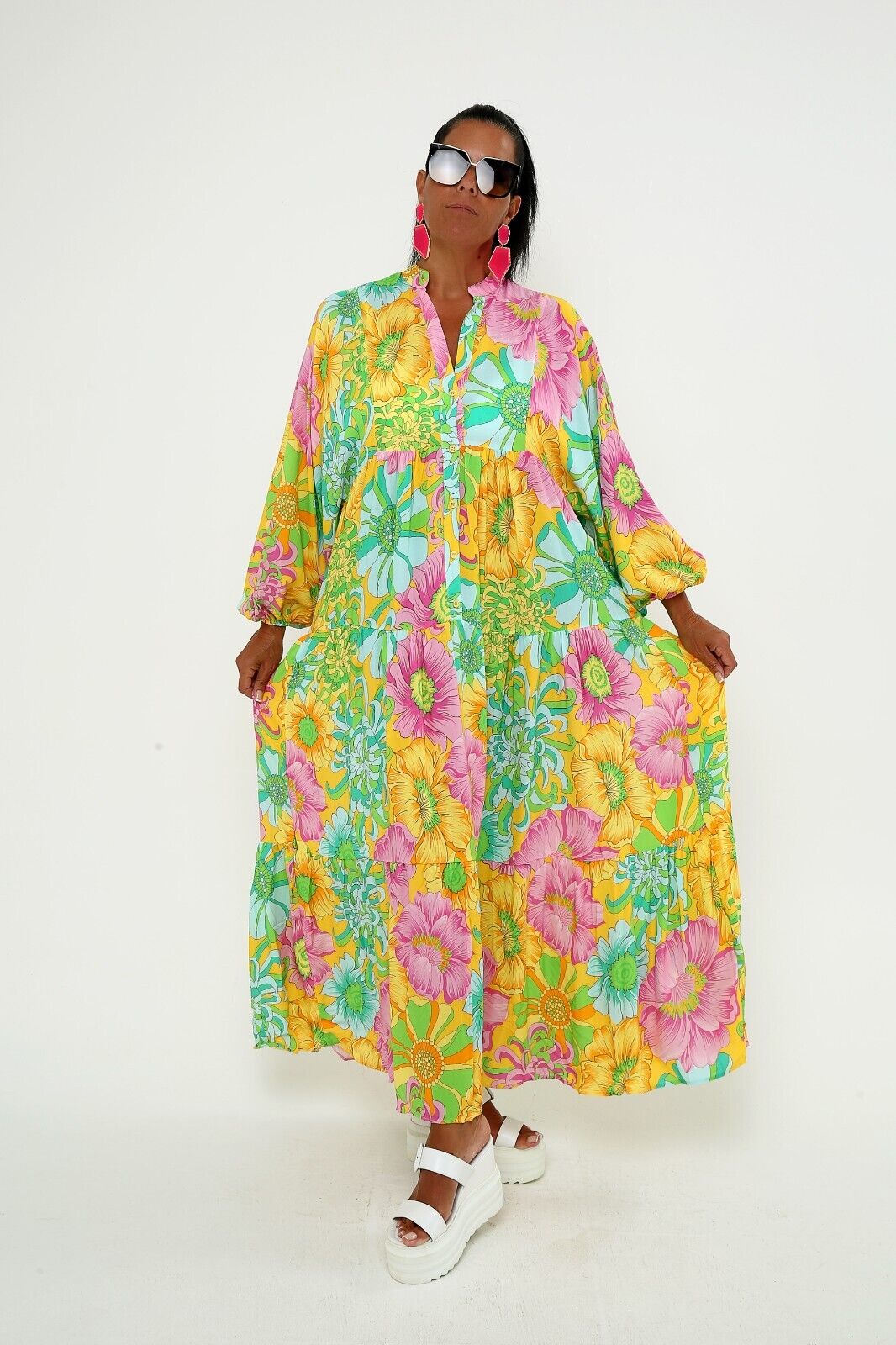 Women's Bright Floral Print Maxi Dress - Boho Long Sleeve Viscose, Tiered Design