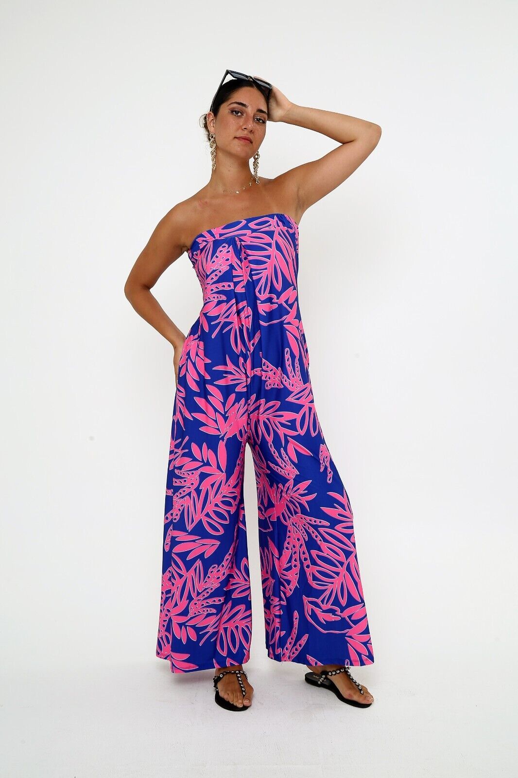 Women's Navy & Pink Tropical Print Strapless Jumpsuit - Wide-Leg Viscose