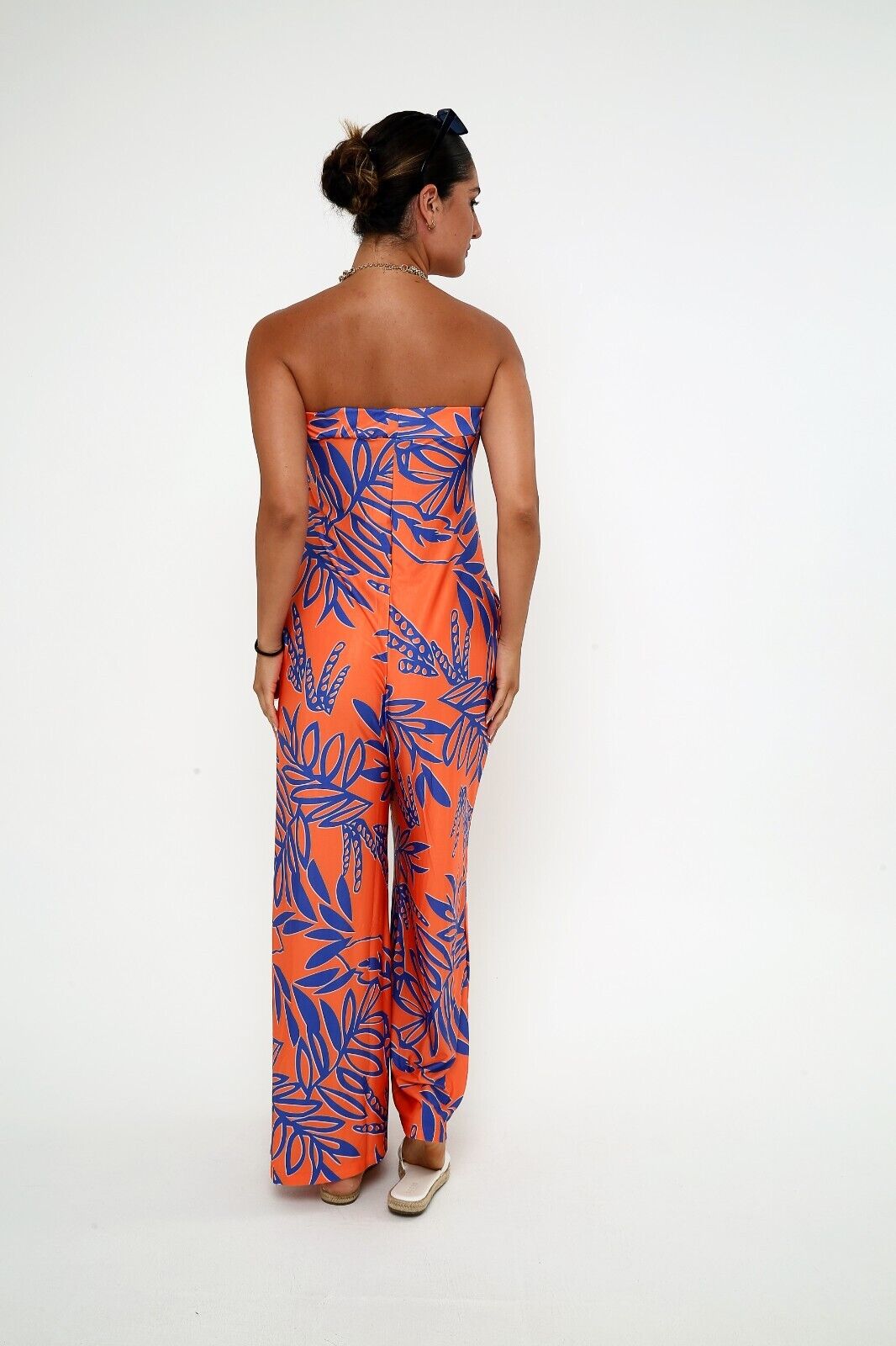 Women's Orange & Blue Tropical Strapless Wide Leg Jumpsuit with Side Pockets