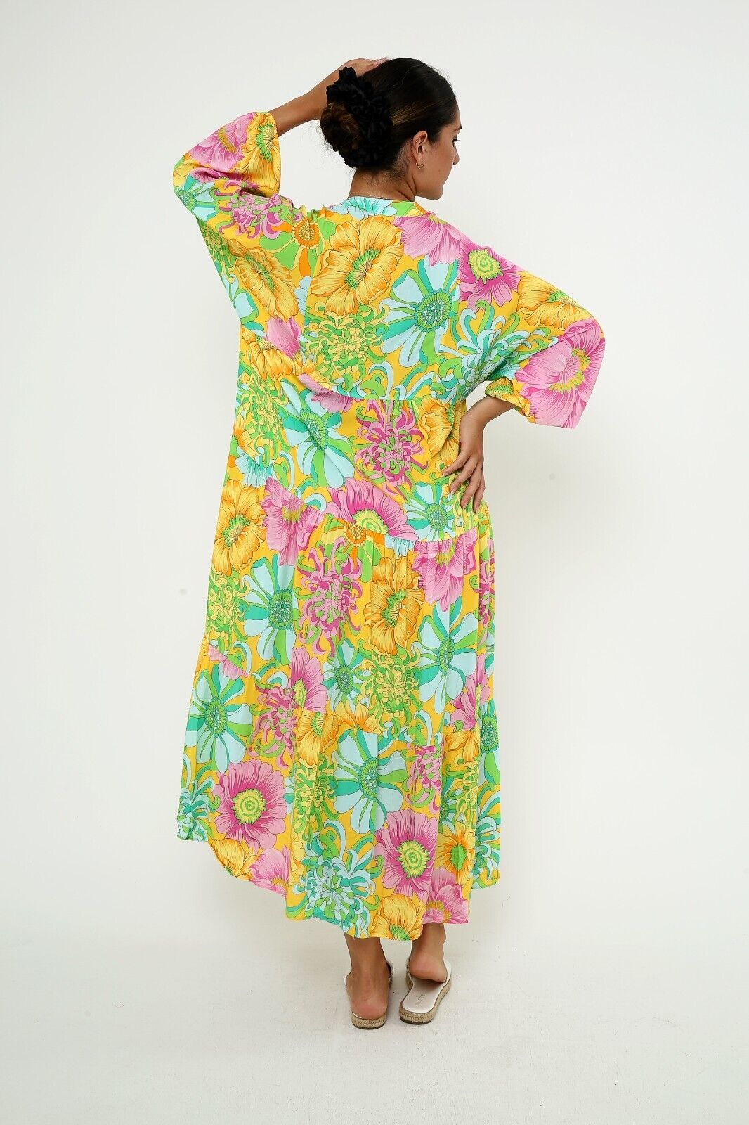 Women's Bright Floral Print Maxi Dress - Boho Long Sleeve Viscose, Tiered Design