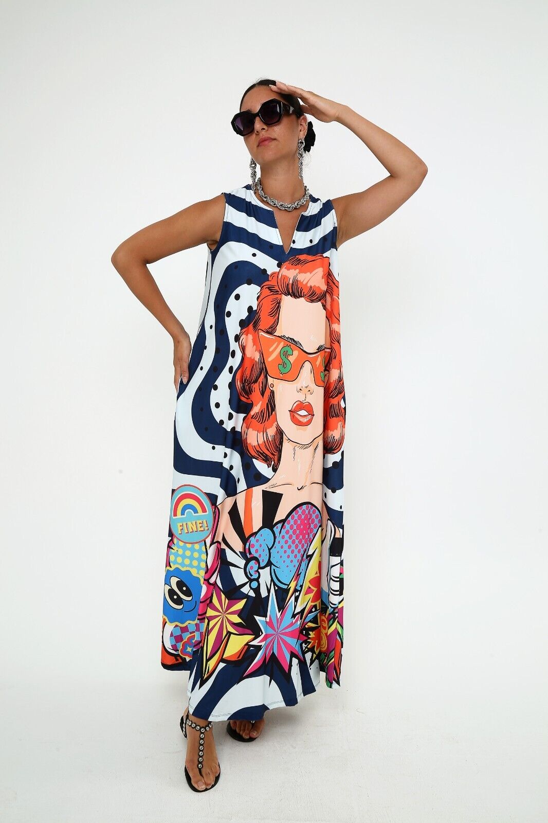 Women's Pop Art Vibes Viscose Sleeveless Maxi Dress With Pocket