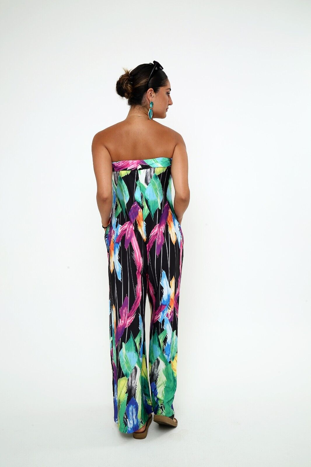 Women's Tropical Strapless Wide Leg Jumpsuit Vibrant Floral & Feather Print