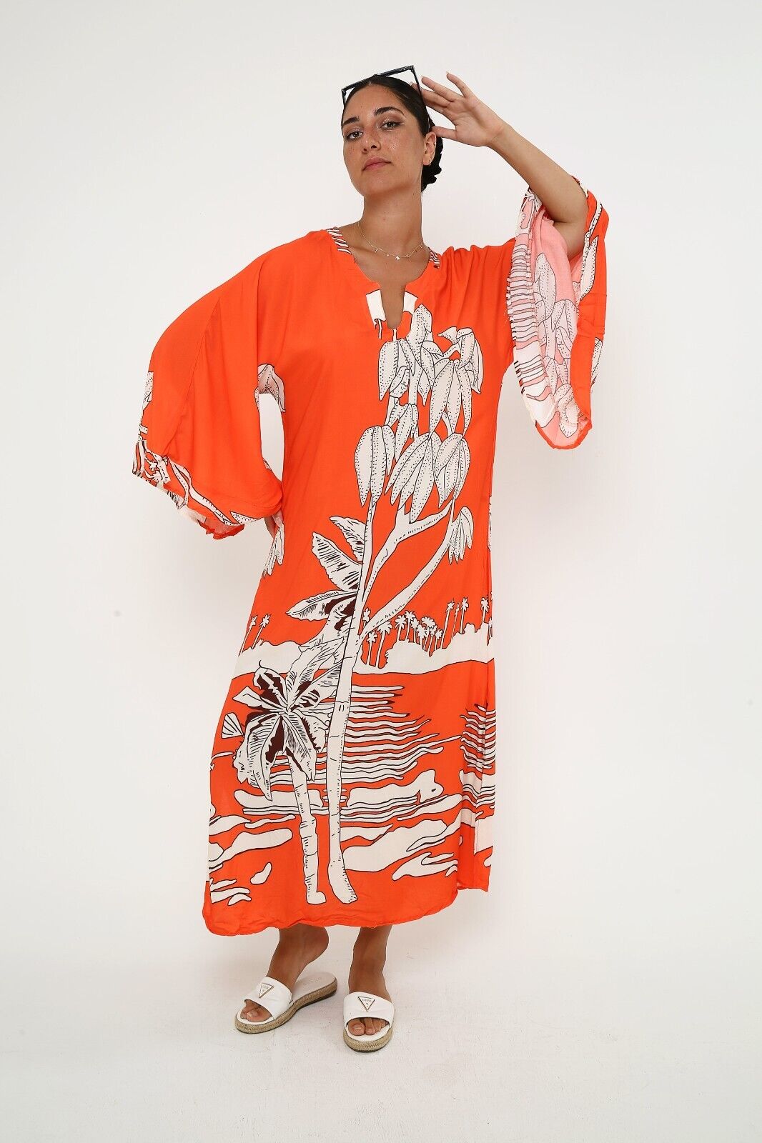 Women's Batwing Bold Orange Kaftan Dress - Tropical Print Viscose
