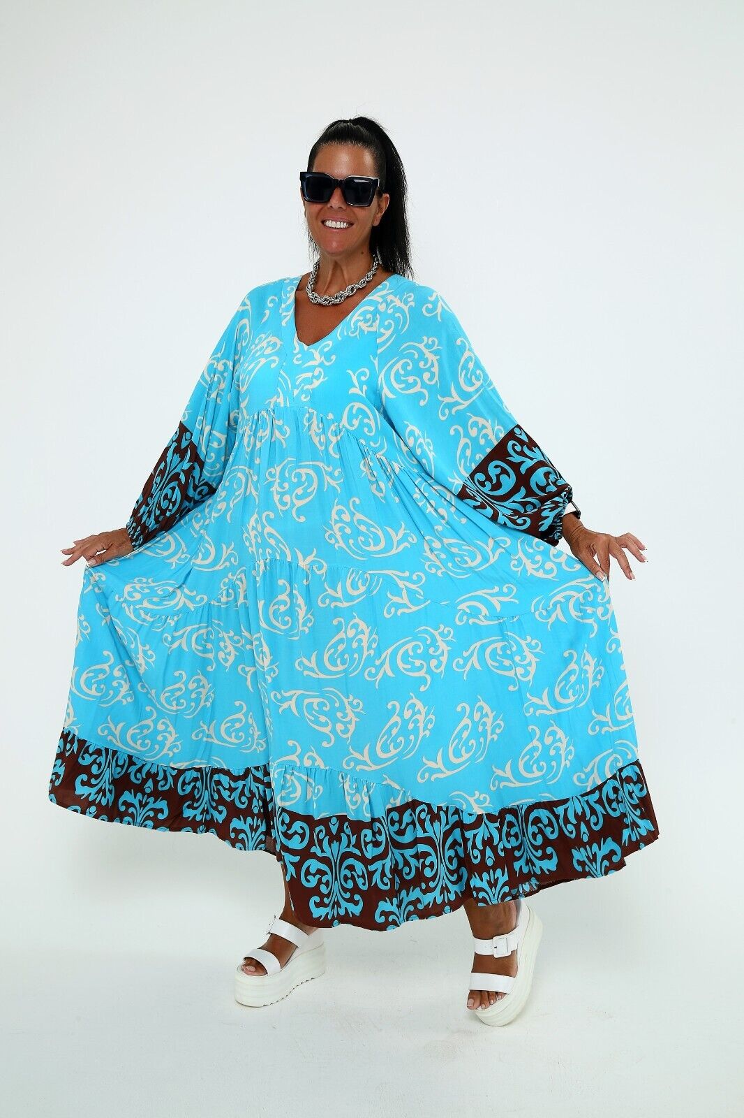 Women's Turquoise & Brown Boho Maxi Dress Long Sleeve Flowy Viscose ,plus size