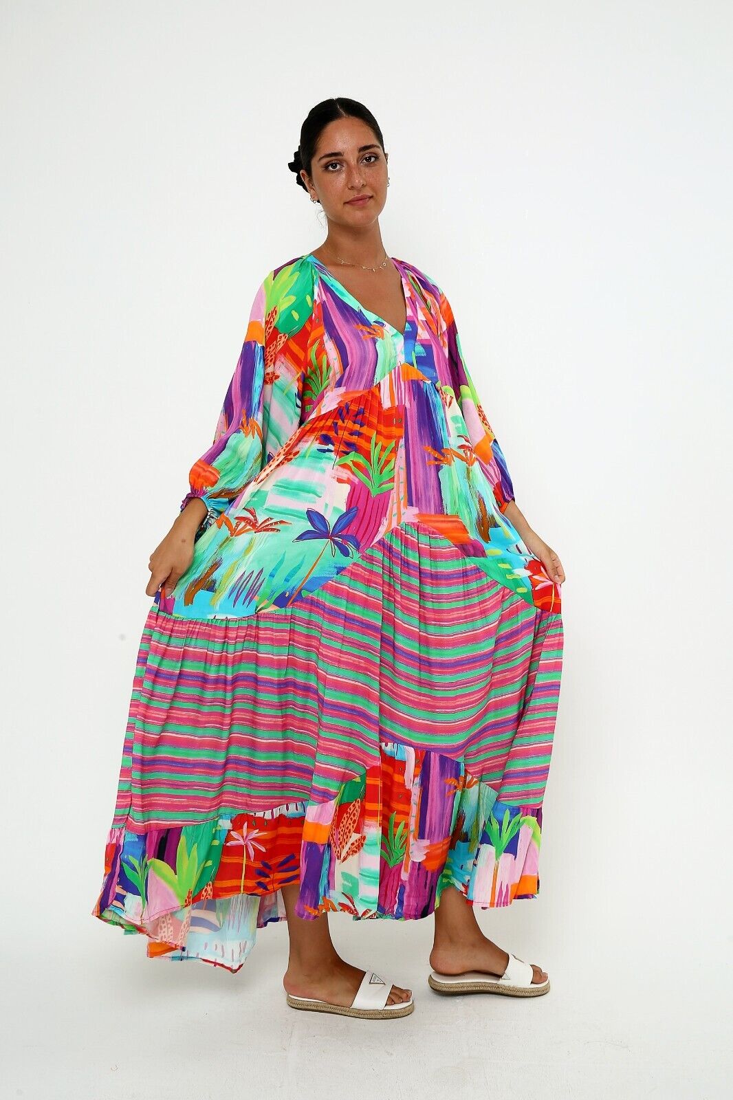 Women's Vibrant Boho Maxi Dress Colorful Abstract Print, Long Sleeve Viscose