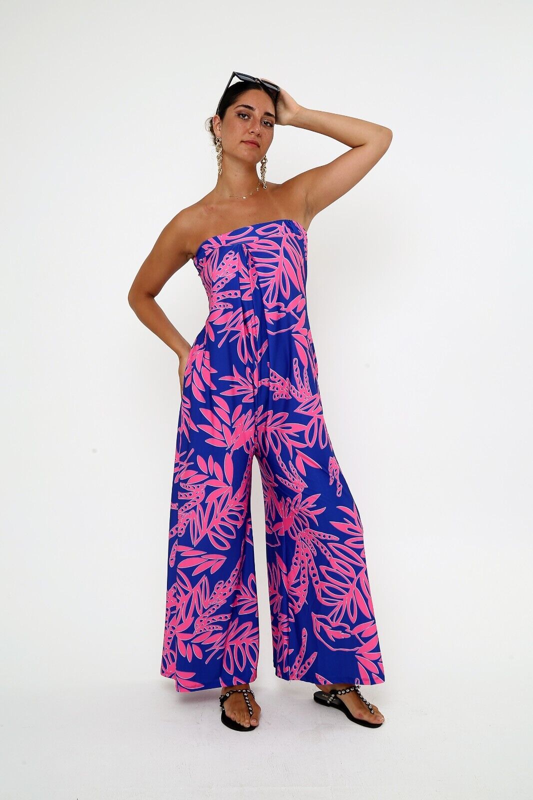 Women's Navy & Pink Tropical Print Strapless Jumpsuit - Wide-Leg Viscose