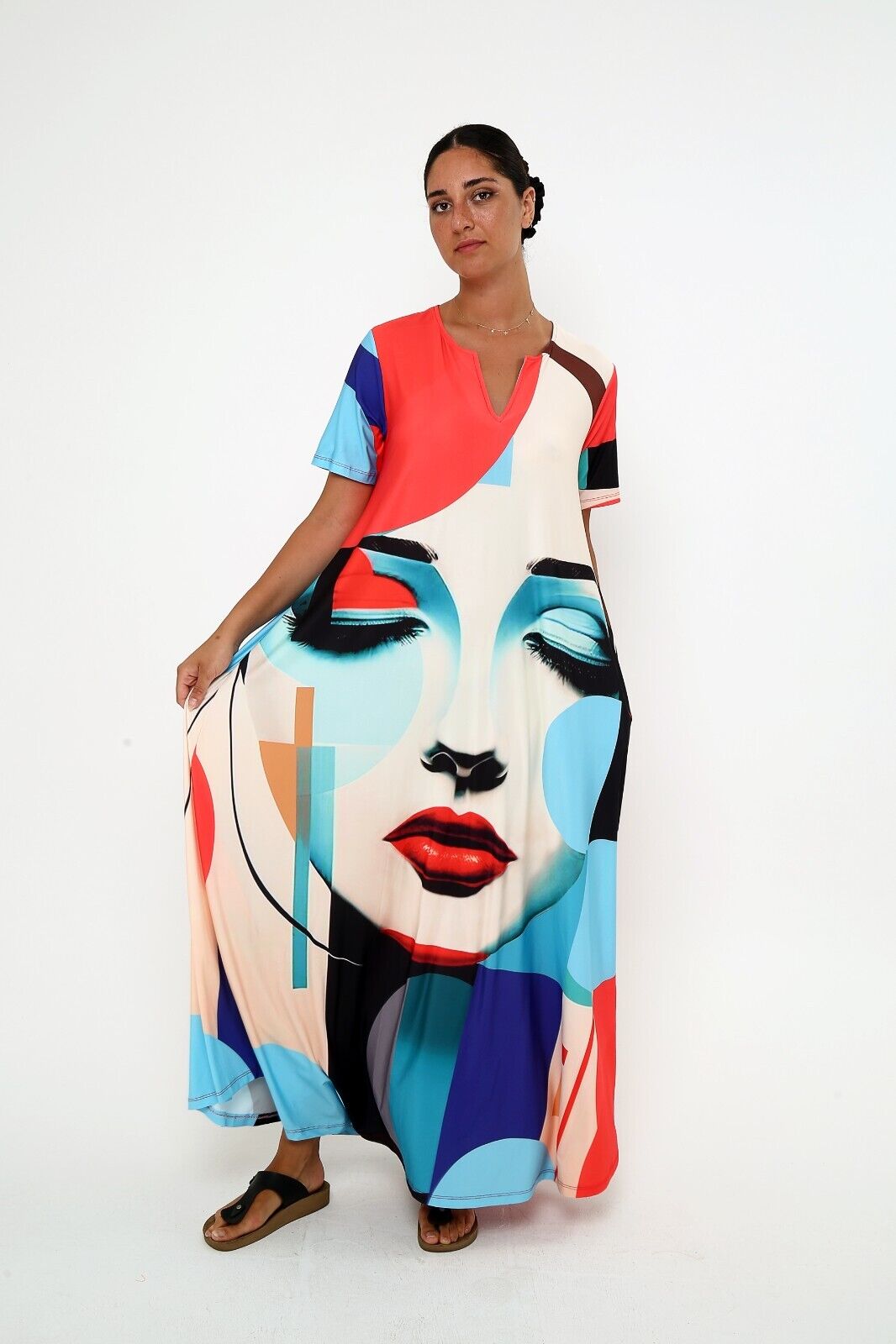 Women's Abstract Art Face Half Sleeve Maxi Dress With Pocket