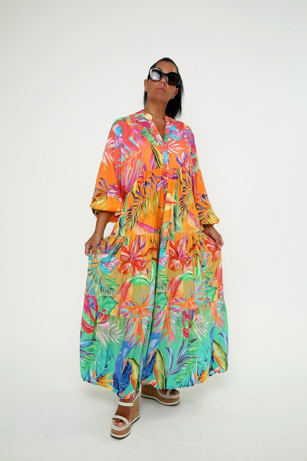 Women's Tropical Print Maxi Dress Bright Floral Boho Viscose ,Tiered Long Sleeve