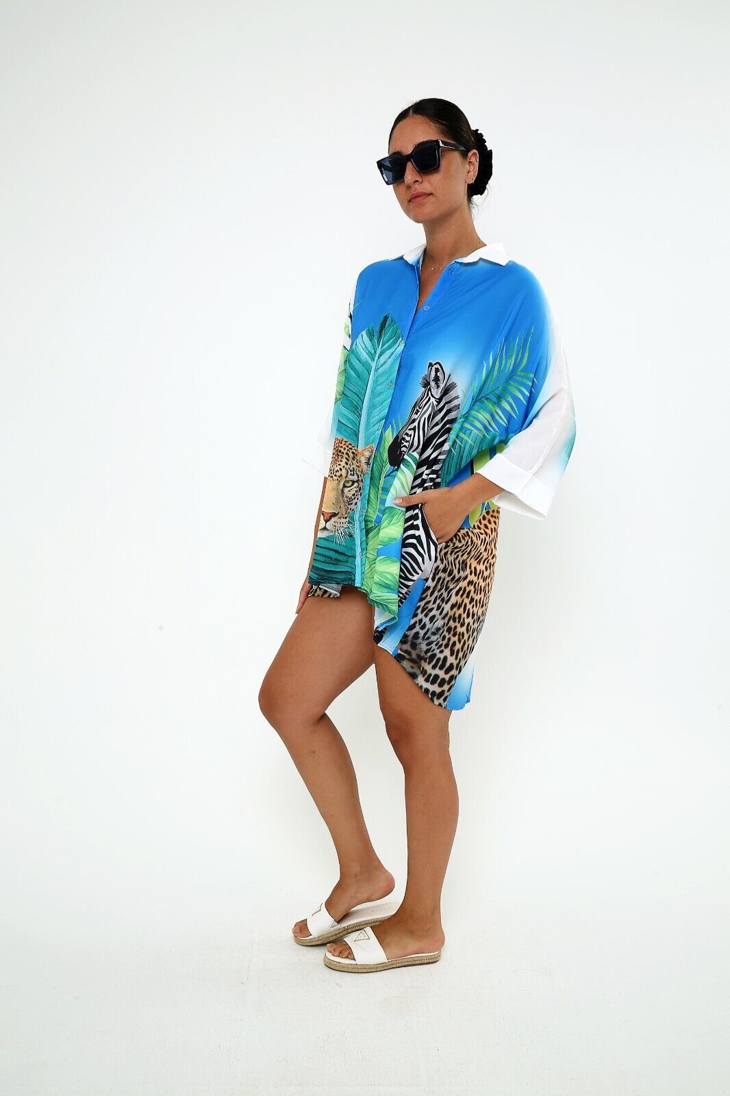 Women's Tropical Safari Animal Print Shirt Dress Blue Leopard and Zebra Graphic