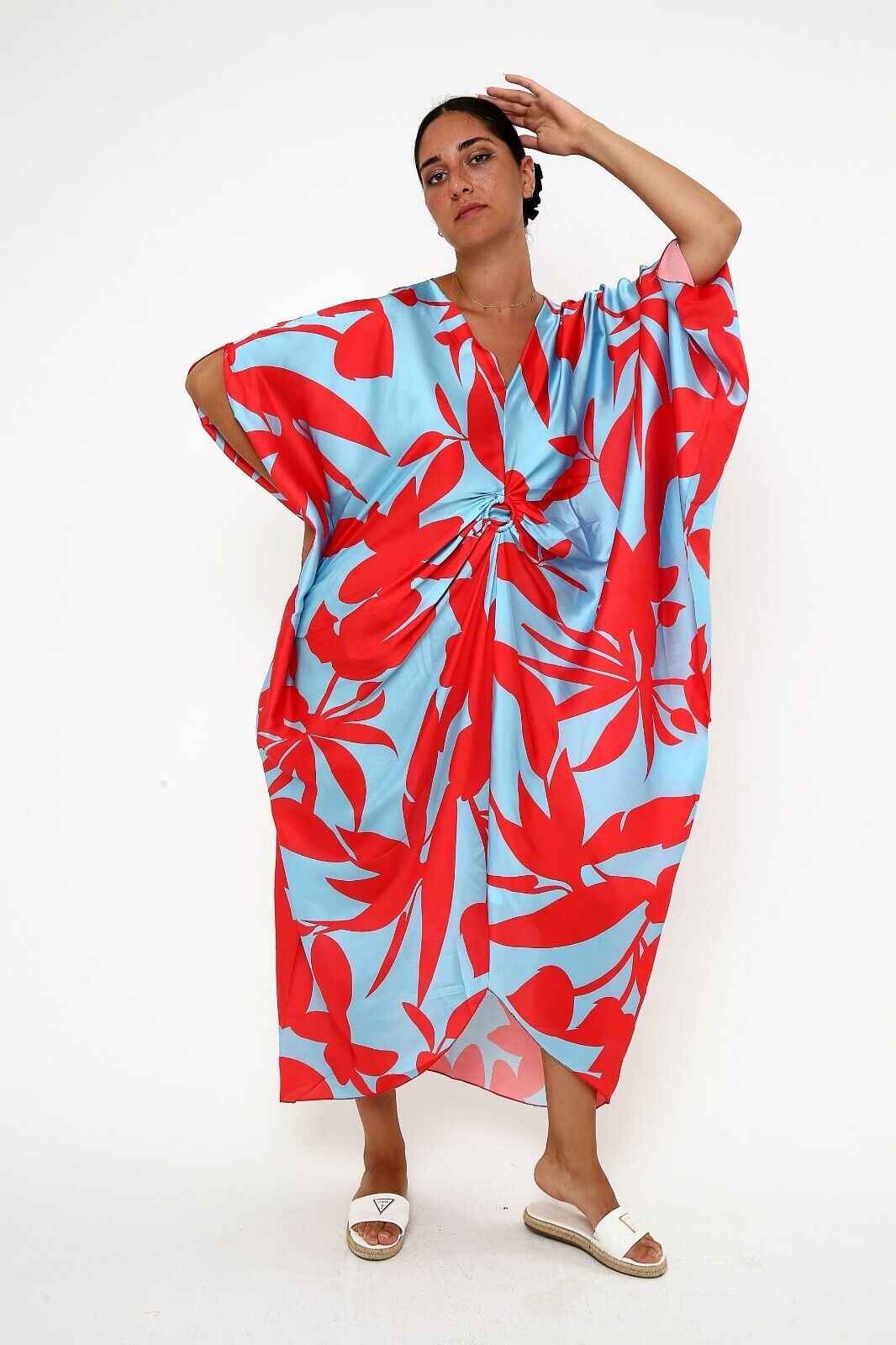 Women's Tropical Breeze Red and Blue Silk Kaftan 3/4 sleeve