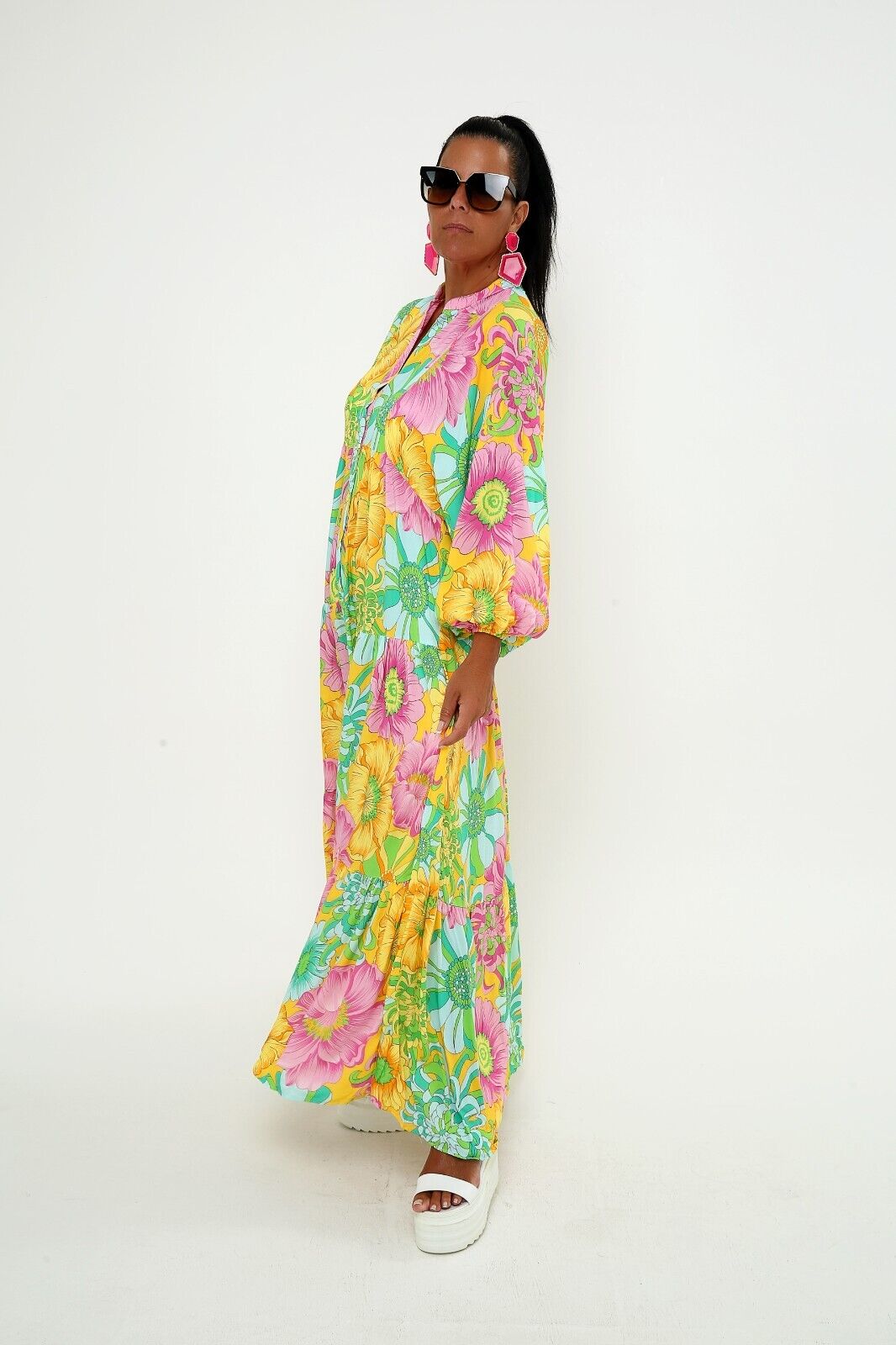 Women's Bright Floral Print Maxi Dress - Boho Long Sleeve Viscose, Tiered Design