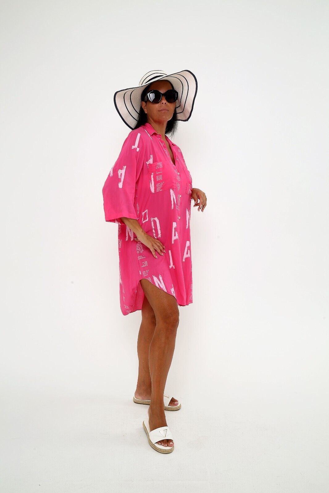 Women's Bright Pink Button Down Shirt Dress Casual Viscose Tunic, Graphic Print