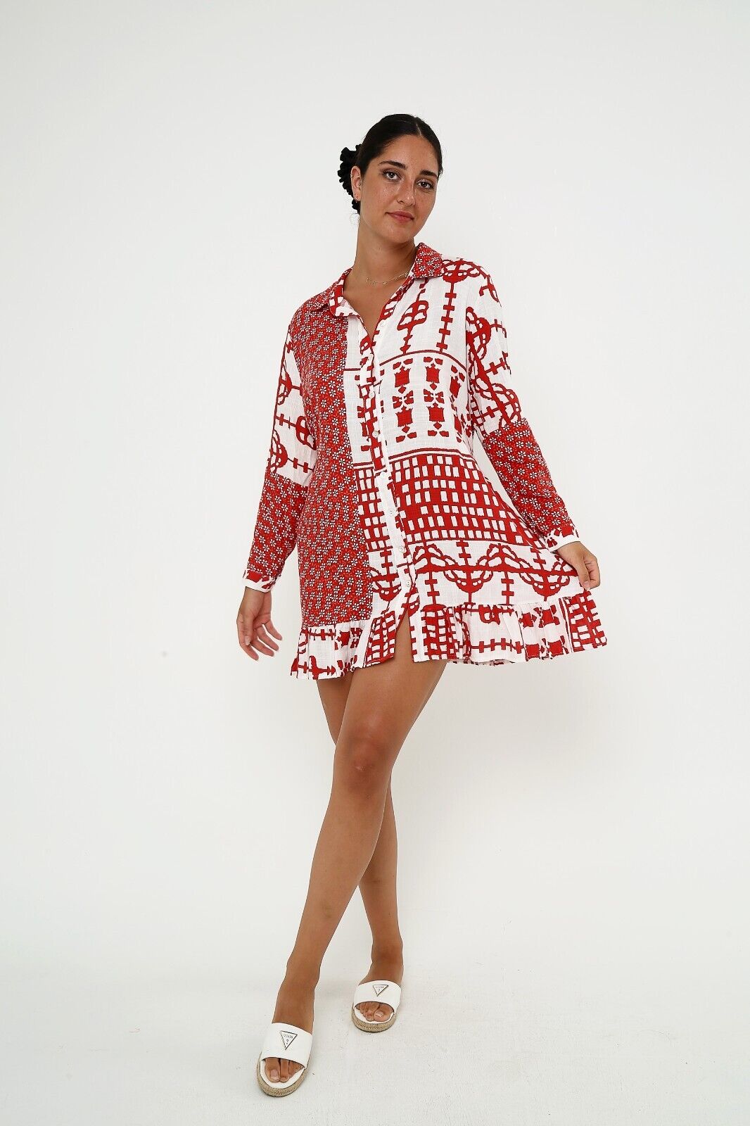 Women's Red and White Patchwork Linen A-Line Dress with Belt