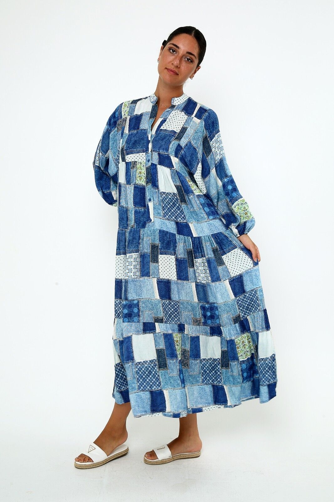 Women's Patchwork Denim-Print Maxi Dress - Boho Chic Viscose, Long Sleeve