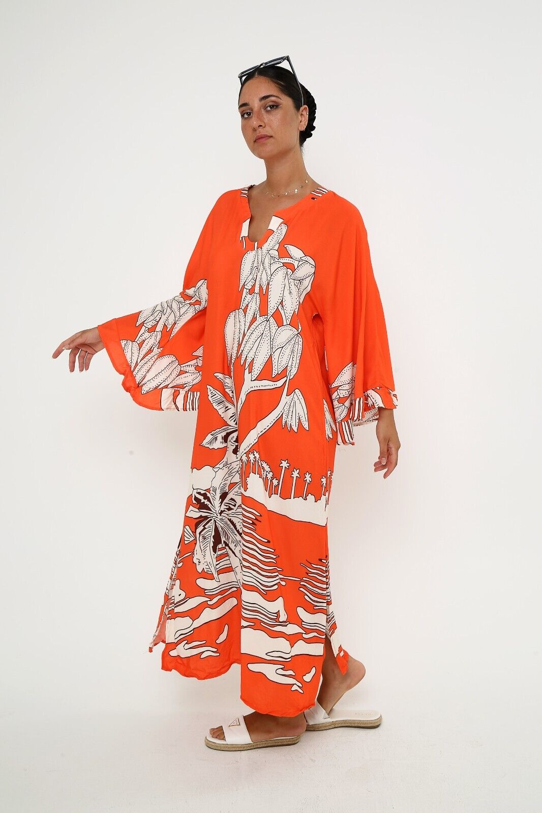 Women's Batwing Bold Orange Kaftan Dress - Tropical Print Viscose