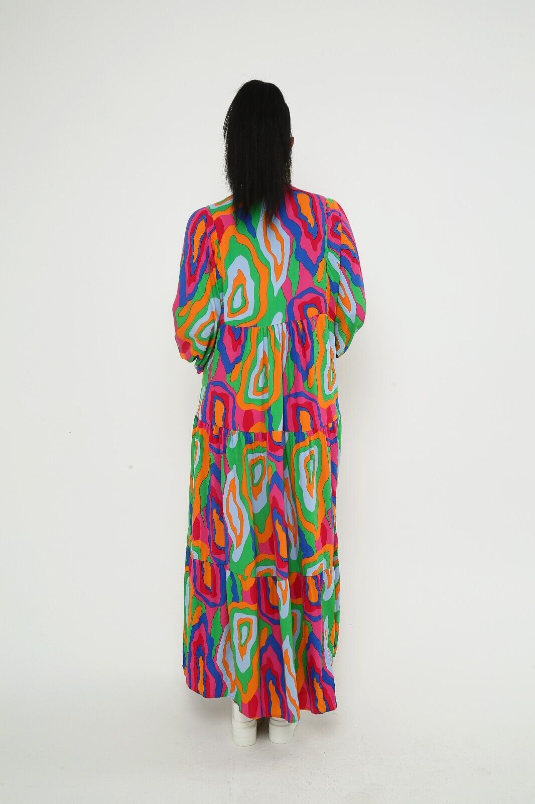 Women's Colorful Abstract Print Maxi Dress - Boho Tiered Viscose, Long Sleeve
