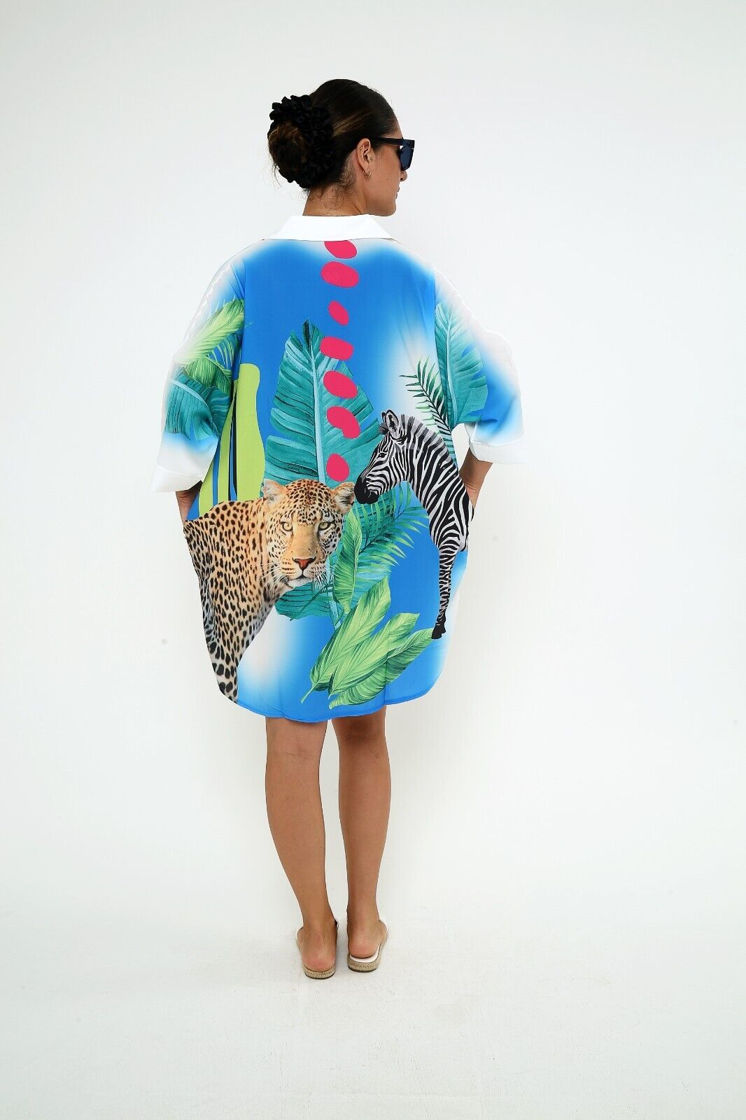 Women's Tropical Safari Animal Print Shirt Dress Blue Leopard and Zebra Graphic