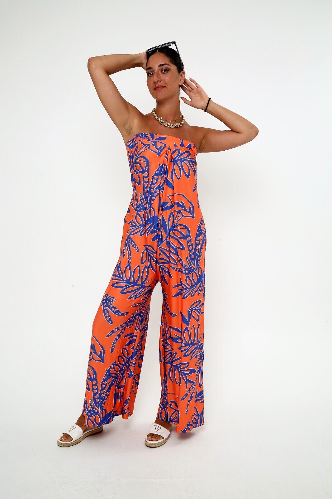 Women's Orange & Blue Tropical Strapless Wide Leg Jumpsuit with Side Pockets