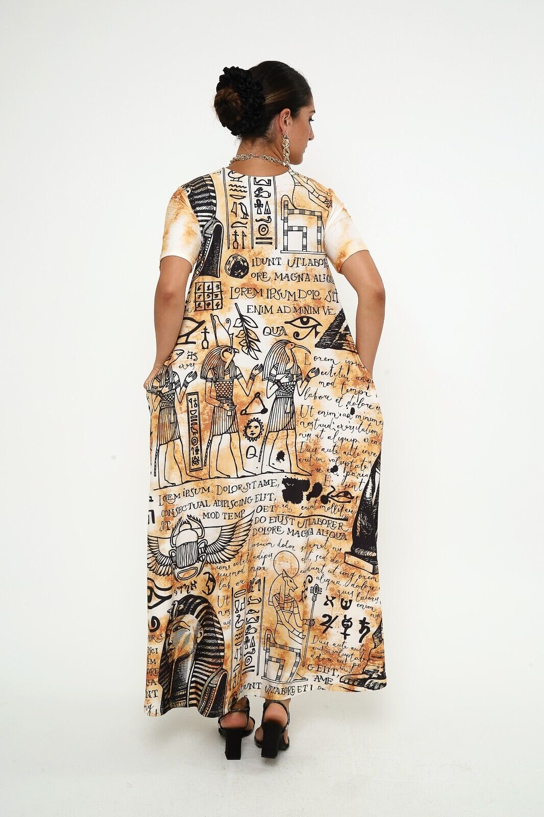 Women's Ancient Egyptian Script and Symbols Viscose Maxi Dress with Pocket