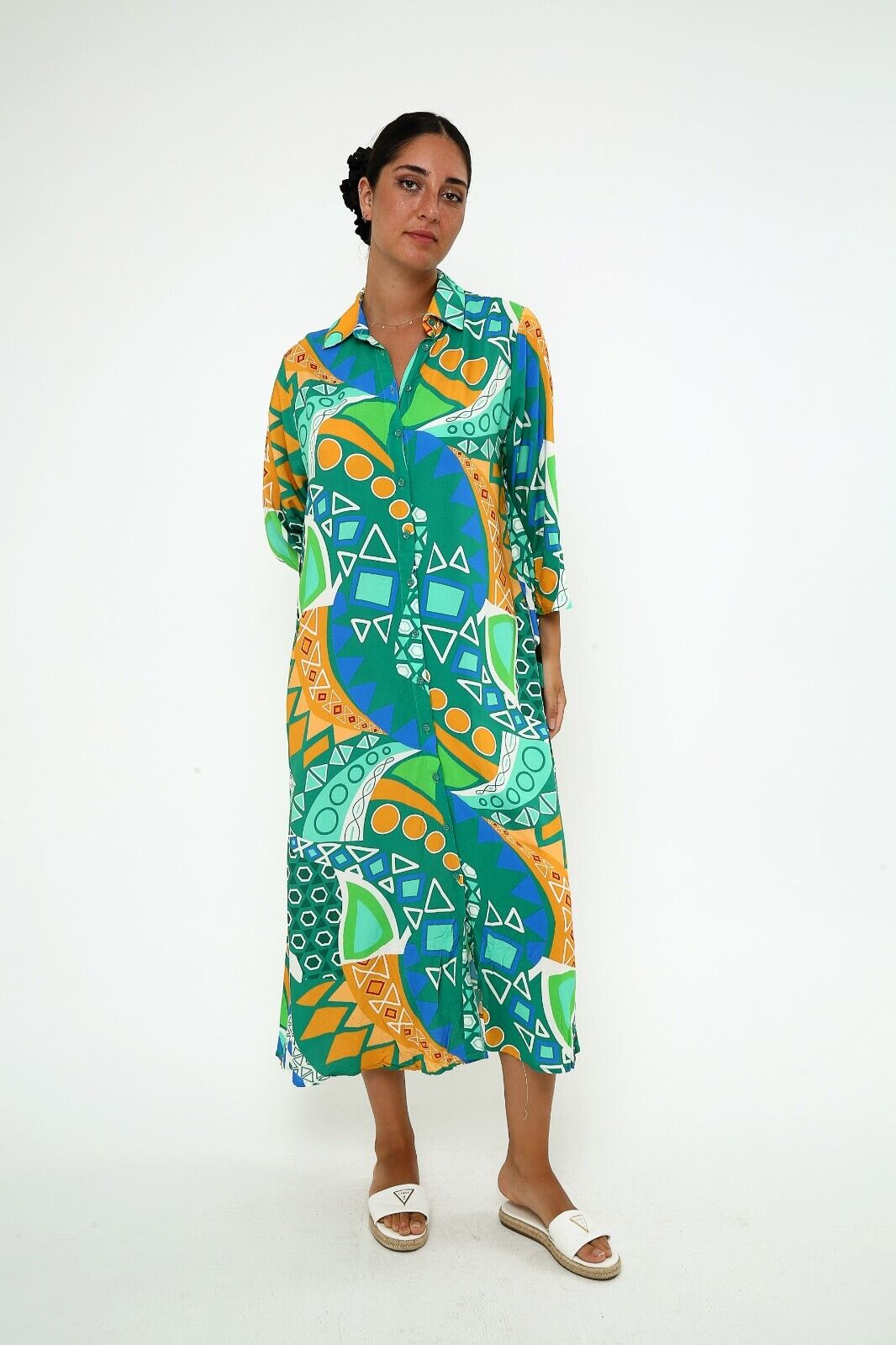 Women's Green & Orange Geometric Print Button-Down Viscose Maxi Shirt Dress