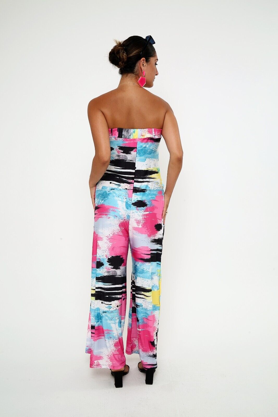 Women's Abstract Print Strapless Jumpsuit - Colorful Wide-Leg Viscose