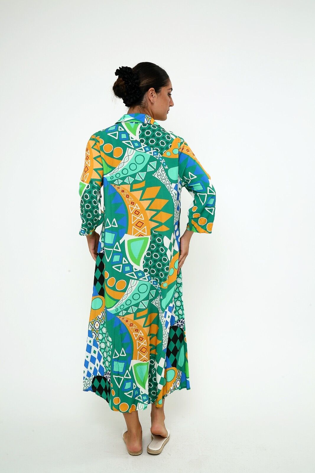 Women's Green & Orange Geometric Print Button-Down Viscose Maxi Shirt Dress
