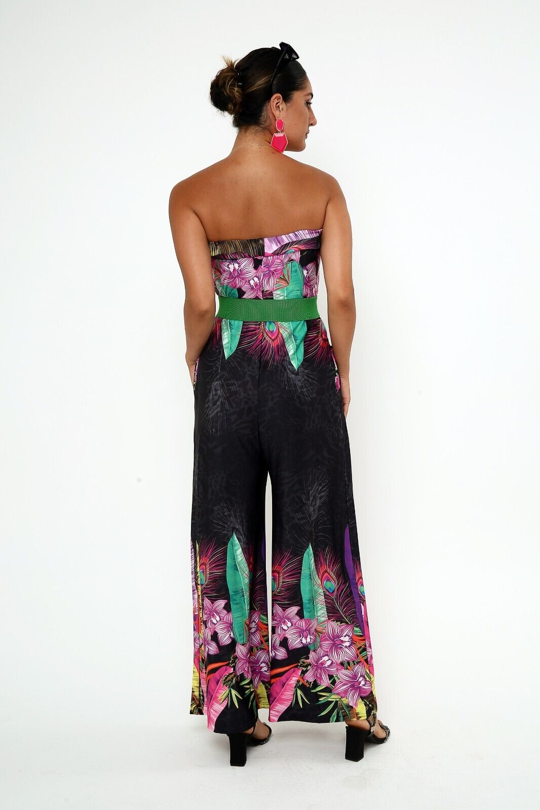Women's Tropical Strapless Wide Leg Jumpsuit Vibrant Floral & Feather Print