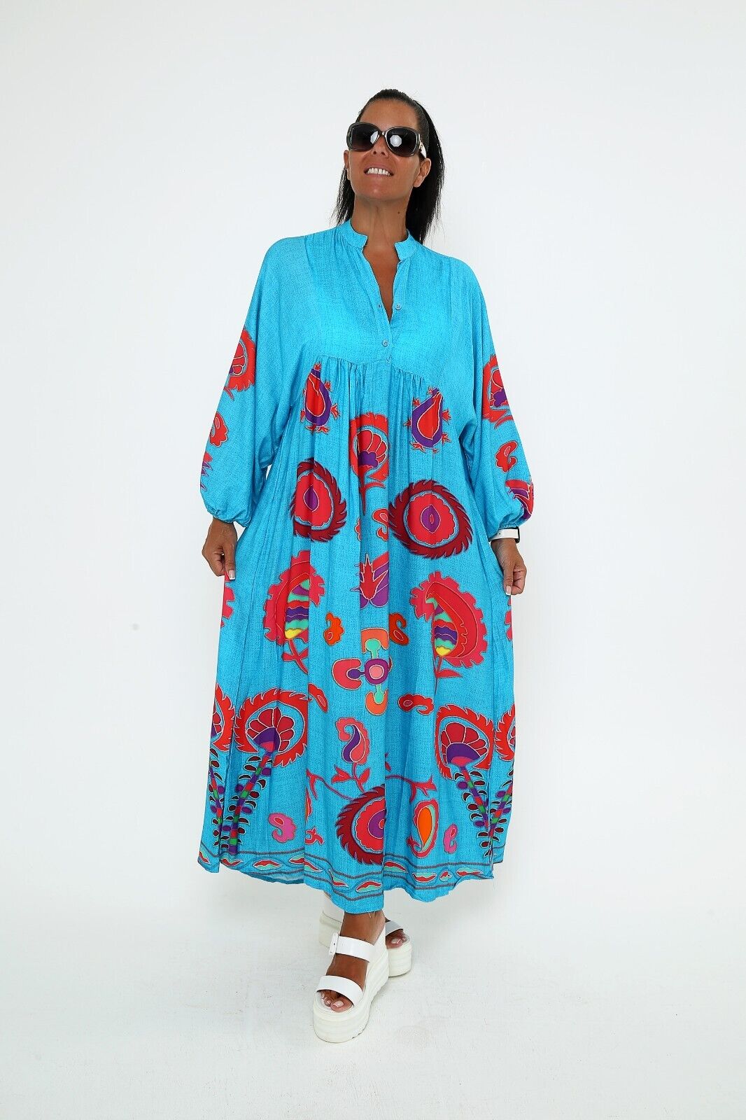 Women's Turquoise Boho Maxi Dress, Bold Paisley Print, Long Sleeve Viscose