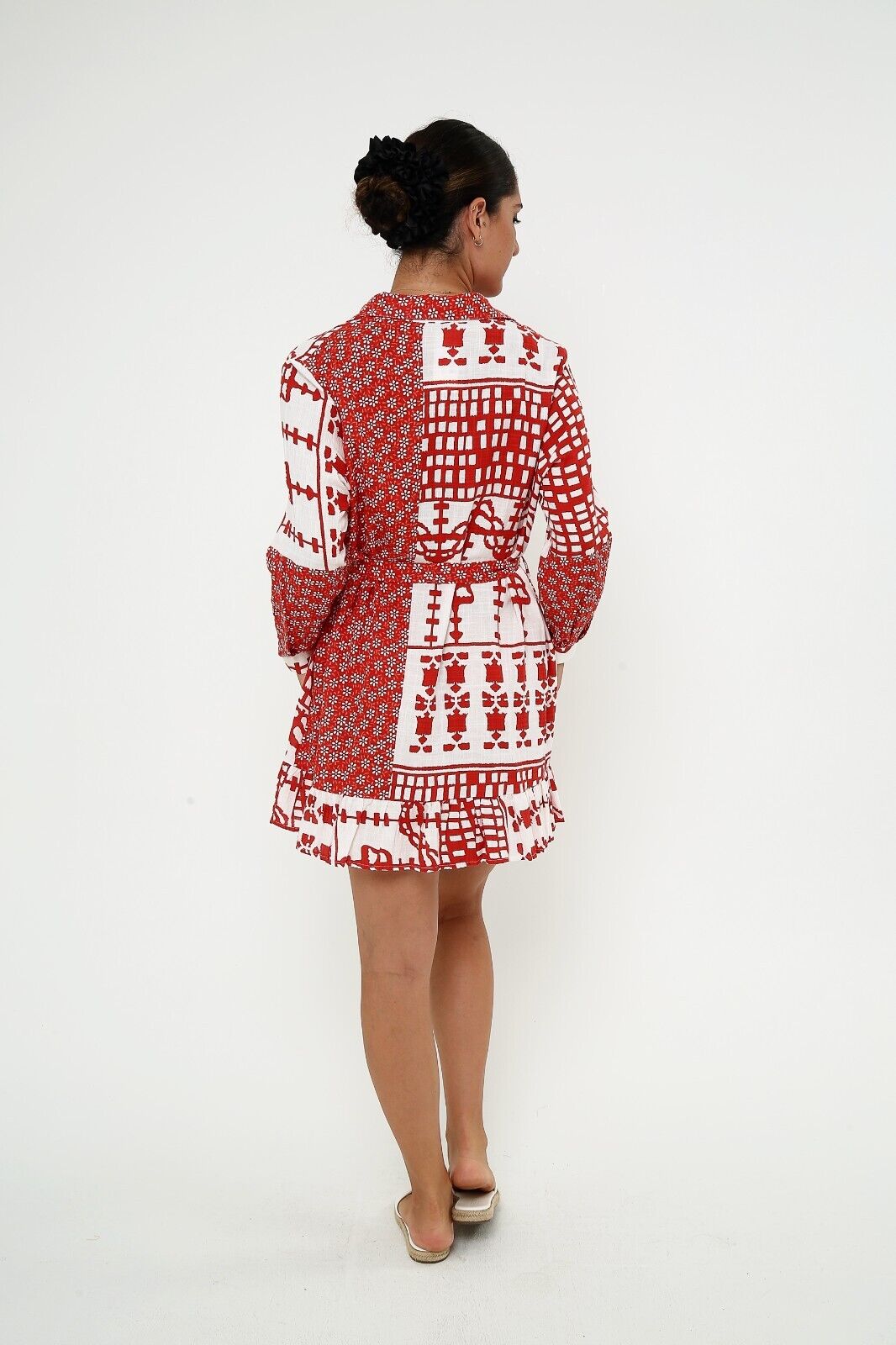 Women's Red and White Patchwork Linen A-Line Dress with Belt