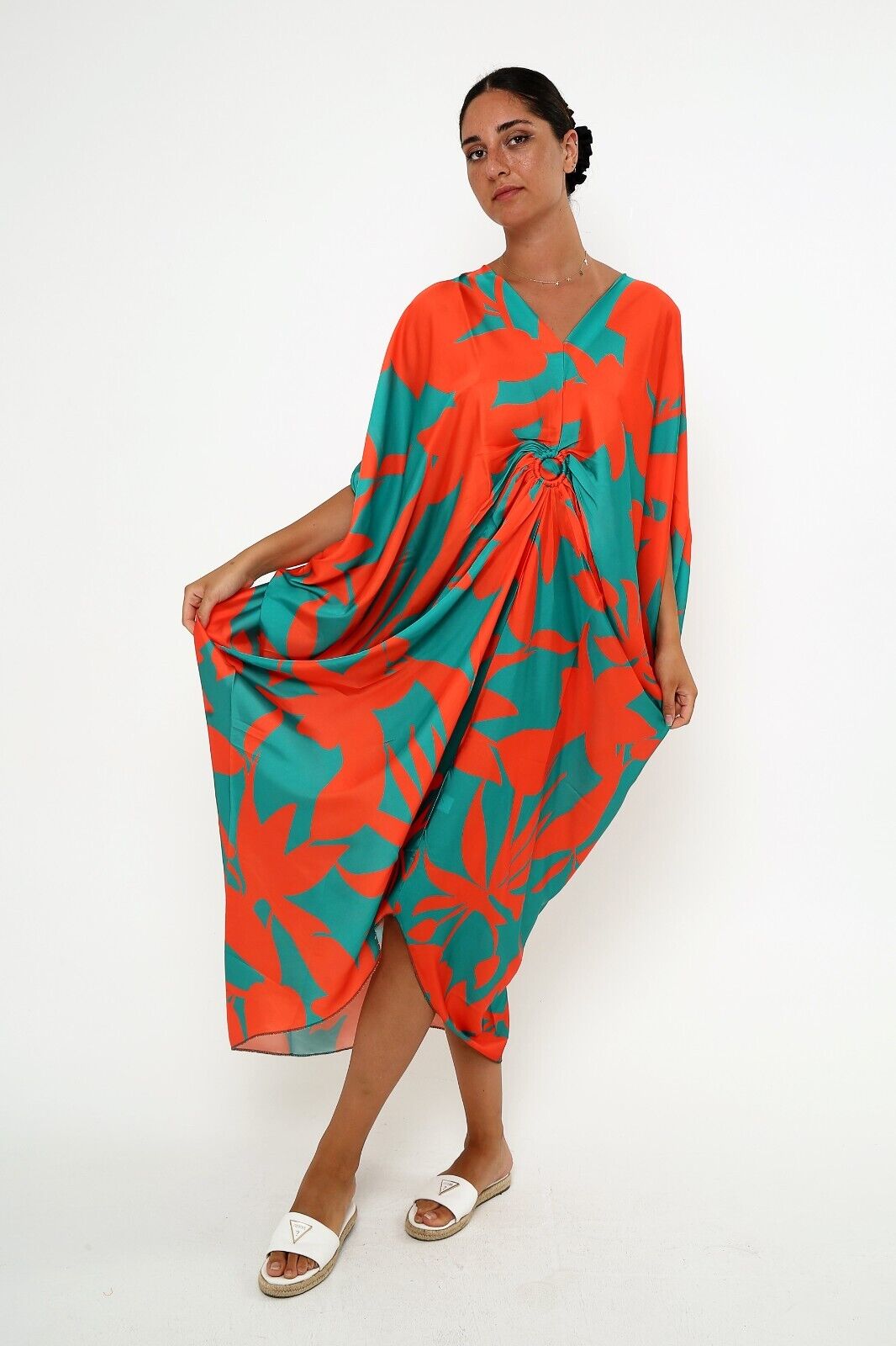 Women's Tropical Coral and Teal Silk Kaftan 3/4 sleeve dresses