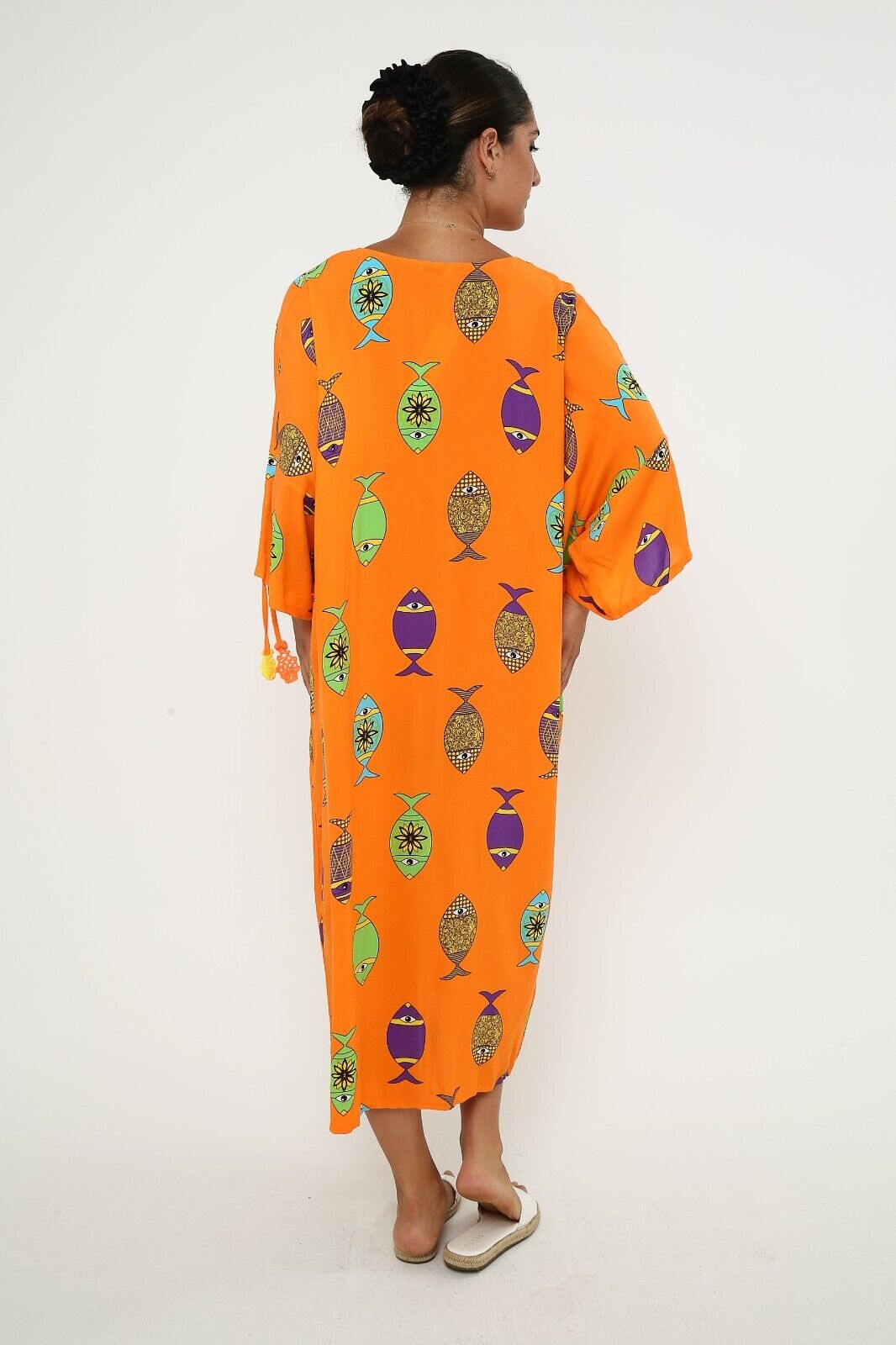 Women's Bright Orange Fish Print Maxi Dress - Button-Down Viscose Kaftan