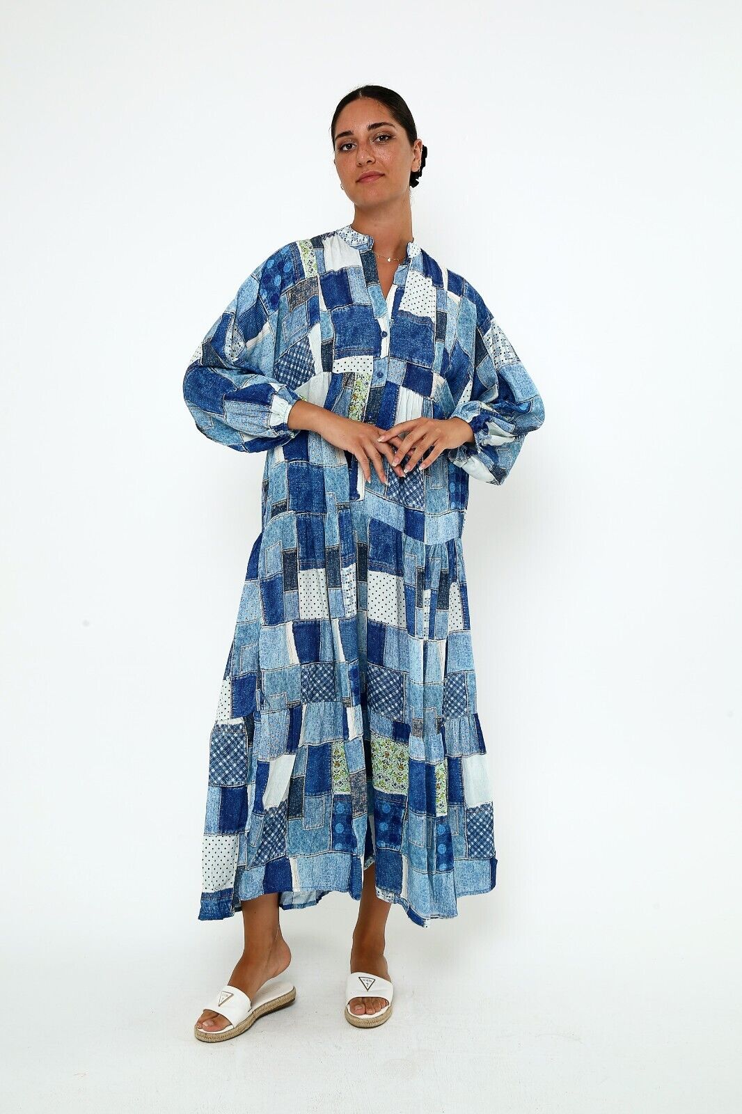 Women's Patchwork Denim-Print Maxi Dress - Boho Chic Viscose, Long Sleeve