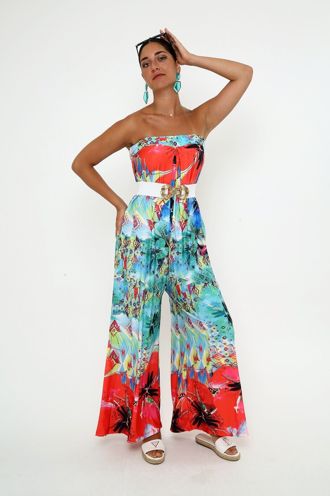 Women's Tropical Strapless Jumpsuit,Vibrant Floral &Abstract Print, Wide-Leg