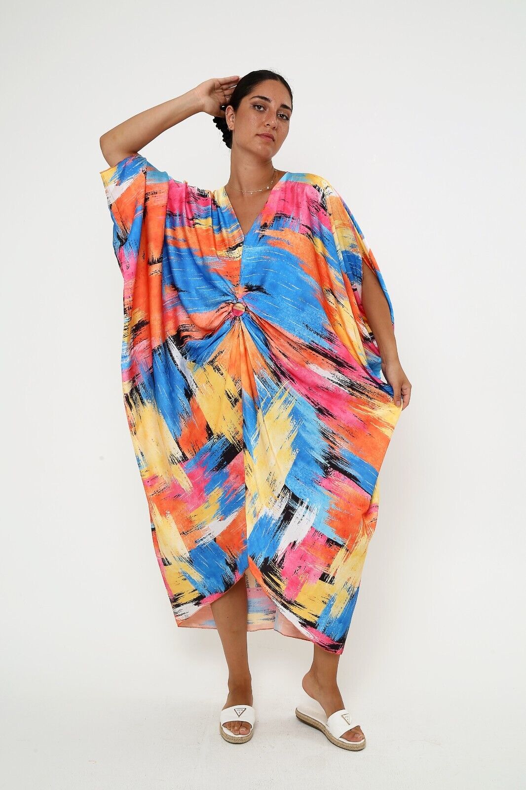 Women's Sunset Splash Multicolor Silk Kaftan , 3/4 sleeve dress