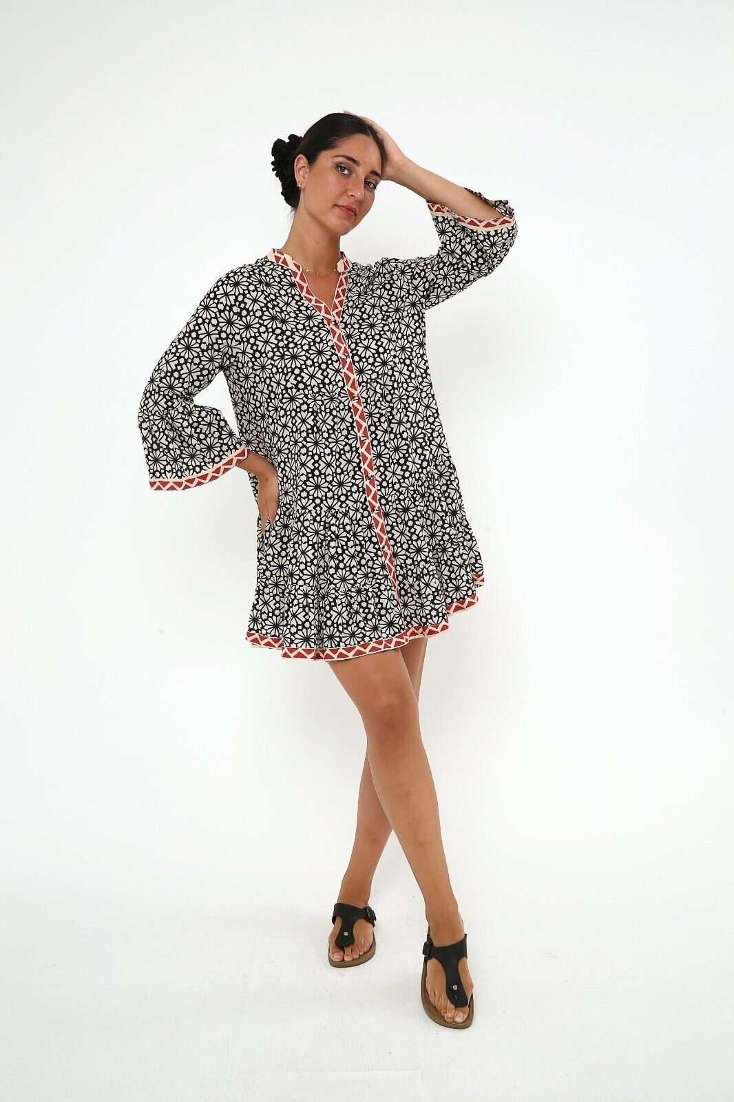 Women's Geometric Print Ruffle Hem Viscose A Line Dress