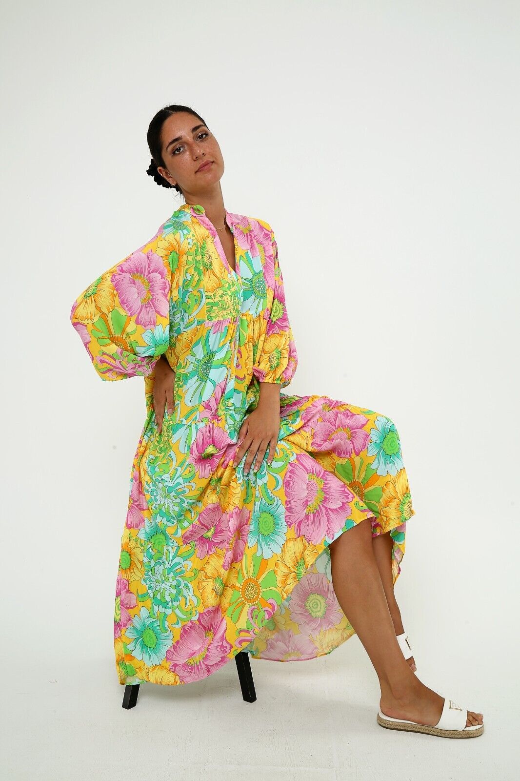 Women's Bright Floral Print Maxi Dress - Boho Long Sleeve Viscose, Tiered Design