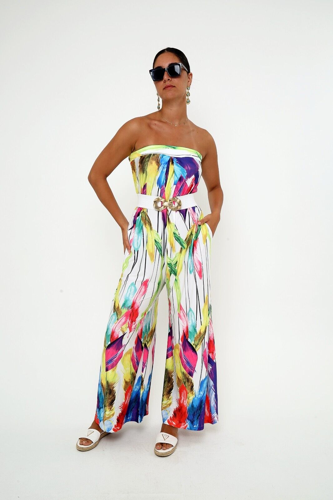 Women's Vibrant Strapless Wide-Leg Jumpsuit Colorful Feather Print