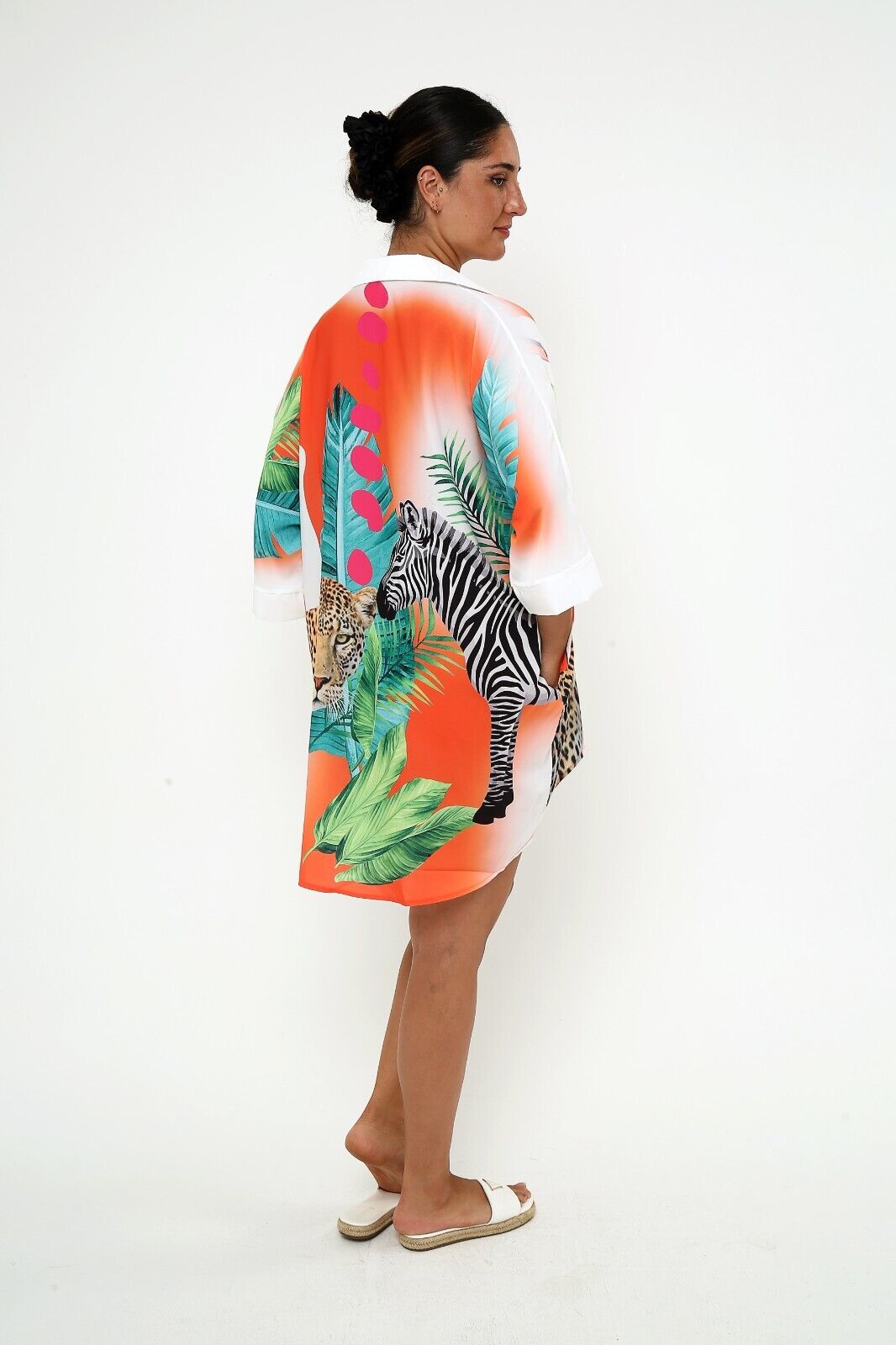 Women's Tropical Safari Print Shirt Dress - Orange Animal Graphic Viscose Dress