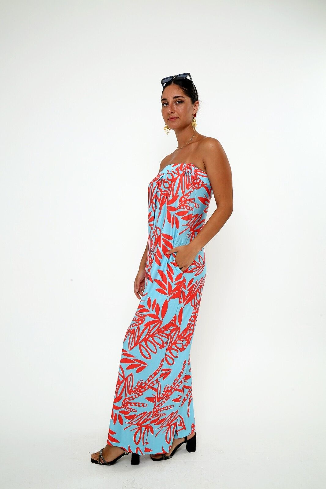 Women's Blue & Red Tropical Print Strapless Jumpsuit - Wide-Leg Viscose
