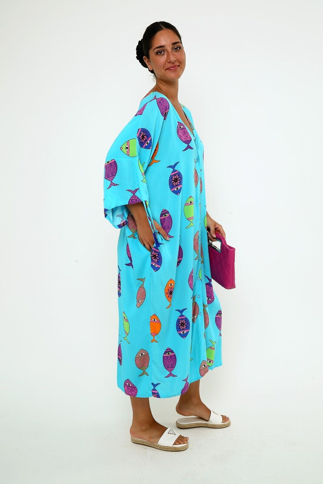 Women's Bright Blue Fish Print Maxi Dress - Button-Down Viscose Kaftan