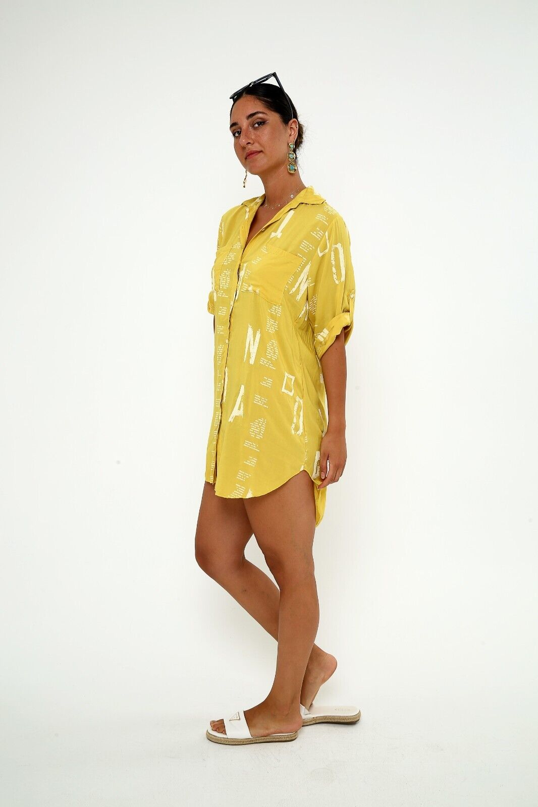 Women's Bright Yellow Button-Down Shirt Dress ,Viscose Tunic, Graphic Print