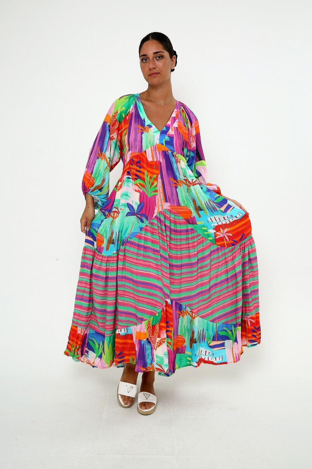 Women's Vibrant Boho Maxi Dress Colorful Abstract Print, Long Sleeve Viscose